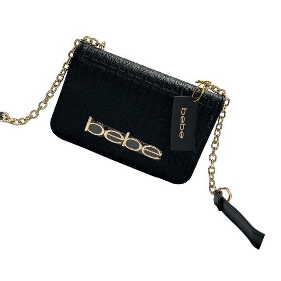 Bebe Womens shoulder strap bag Logo black Gold embossed celia Crossbody bag - Picture 9 of 13